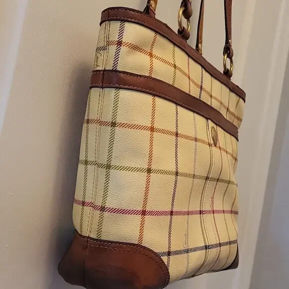 Coach Heritage Plaid Tattersall Tote Bag - Cream, Blue, and Brown 12561
